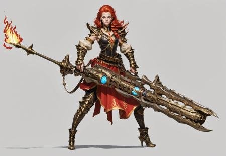 score_9, score_8_up, score_7_up, rating_safe, concept art, semi-realistic, 1girl, solo, 
Young beautiful face, fit body, 
HHWeapon, Holding weapon, ((Huge weapon)),
Holding weapon with two hands.
Fantasy gun. Flame gun.
Simple background.