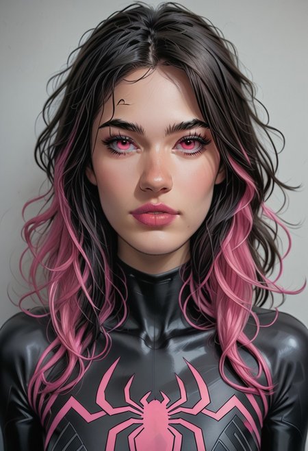 /Spider_Ayane/, pink lipstick, long black hair, pink hair highlights, medium breasts, portrait, black bodysuit with pink spider print, looking at viewer, puty lips, pink eyes
