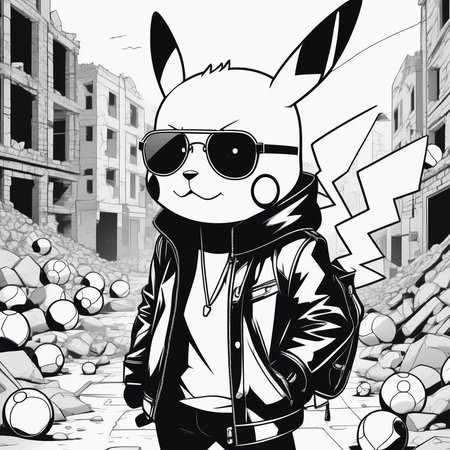 line art drawing An illustration of Pikachu in a leather jacket and sunglasses in a ruined city full of abandoned Pokballs . professional, sleek, modern, minimalist, graphic, line art, vector graphics