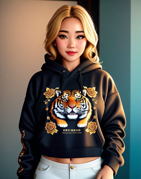 Masterpiece, absurdres,award winning photo, extremely detailed, amazing, fine detail, extremely detailed eyes and face, by lee jeffries nikon d850 film stock photograph 4 kodak portra 400 camera f1.6 lens rich colors hyper realistic lifelike texture dramatic lighting unrealengine trending on artstation cinestill 800 tungsten, beautiful blonde woman , slim, tiny waist, smiling, excited

<lora:HoodiesLoRA:0.675>,hoodie, a woman posing for a picture ,chinese style, intricate tiger print and embroidery, wearing hoodie,
