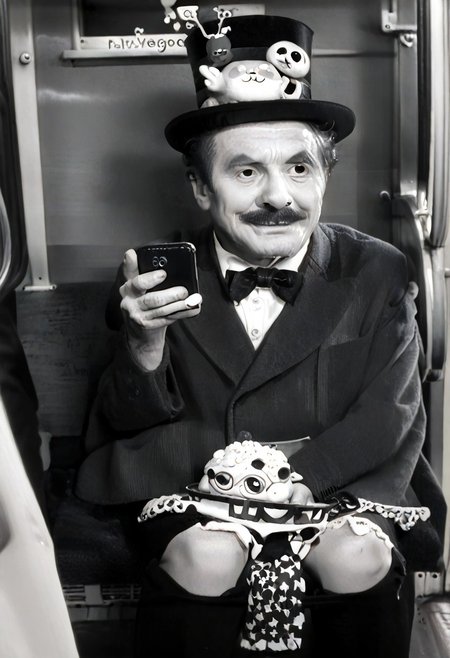 (((black and white, legsonthetra1n, from front, sitting across from viewer, train interior, holding phone, leg focus))),((small man with mustache, top hat, kenbis, chibi, chibi, male only, male, male chibi, monocle, art deco, thick mustache, comically large mustache, handlebar mustache, tiny, multiple men, shrunk, microxl, some little guys,  high angle, from above)), bwMovies, realistic, photo, vintage photo, ((very small man, small man, a small man, a man who is small, a small man)), an unapologetically small human male, black and white, smiling, very happy, euphoric, ecstatic, wonderful small men, large smile, huge smile