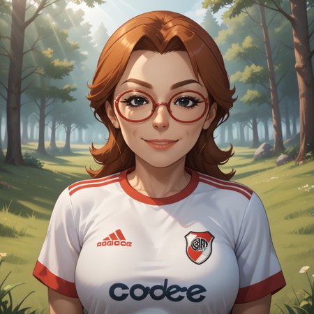 score_9, score_8, BREAK, solo, wii, mii, wii sports, 1girl, female mii, black eyes, auburn hair, brown eyebrows,  red glasses, lips, RiverPlate, striped shirt, striped, shirt, white shirt, short sleeves, clothes writing, sportswear, soccer uniform, nintendo mii, modern_mii, classic_mii, breasts, yoshi_(wii_sports), adult female, mature female, sexy pose, self portrait, smile, outdoors, sunlight, shadows, evening lighting, natural lighting, forest, trees, grass, orange sky, sunset