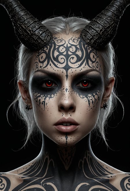 Horror-themed  famous artwork by (clive barker:1.3) and (carl critchlow:1.2), (dramatic scene:1.4), (fractal art:0.4), dynamic angle,
female [fox:orc <lora:WB2.2:1>:.2] looking Skeptical, Raised eyebrows and a slightly pursed mouth. into the camera<lora:sigil:1>, sigil face tattoo <lora:add-detail-xl:3>   . Eerie, unsettling, dark, spooky, suspenseful, grim, highly detailed