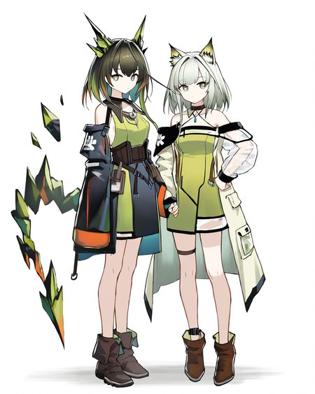 masterpiece,best quality,year 2024,newest,highres,absurdres,very Aesthetic,<lora:mon3tr_(arknights)_ill:1>,2girls, multiple girls, character: kal'tsit (arknights), character: mon3tr (arknights), white background, simple background, full body, standing, looking at viewer, looking to the side, holding hands, closed mouth, covered mouth, short hair with long locks, hair intakes, hand on own hip, thigh strap, collarbone, ankle boots, boots, sleeves past fingers, mismatched sleeves, see-through sleeves, black choker, long sleeves, asymmetrical sleeves, off shoulder, choker, sleeves past wrists, bare shoulders, personification, aged down, see-through clothes, brown boots