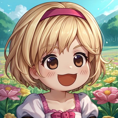 score_9, score_8_up, score_7_up, open mouth, smile, chibi, :d, :3,  <lora:GyateGyate_pdxl_Incrs_v1:1>, flower field,flowers, outdoors, djeetadef, pink hairband, dress, puffy sleeves, gauntlets, face, close up, angled eyebrows