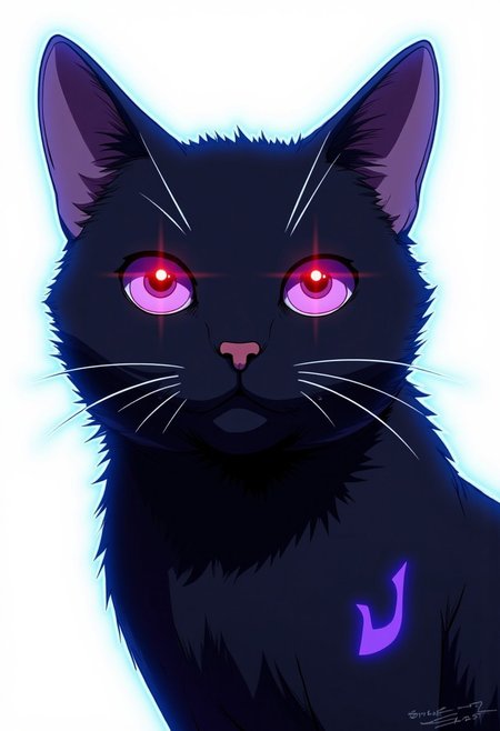 Anime-styled illustration close-up portrait of a domestic shorthair cat. The cat's face and upper body are covered in its natural black fur. 
The cat's piercing, almond-shaped eyes are purple with black pupils, with a bright, glowing red light in the center of each pupil which stand out against the black contrast. Its Its ears are perked forward, alert and attentive. The cat's small, pink nose is perfectly centered, providing a subtle touch of color amidst the monochrome design.
Shot against a pure white background, the lighting is dramatic and high-contrast, emphasizing the cat's eyes. The illumination highlights the sleek texture of the cat's short fur and the reflective quality of its eyes.
Every detail is captured with precision: individual whiskers, the subtle variations in the cat's skin texture, and the crisp edges of the painted patterns. The image is composed as a head and shoulder shot, filling the frame with the feline's uniquely adorned face and upper body.
The Cat is highlighted by a faint glowing blue outline around it, indicating that they might be using or preparing to use some sort of power or ability. 
C0NTR4CT0R