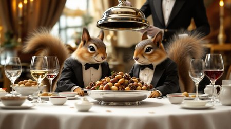 A high-class dinner scene in a grand dining room. A lavish dinner table covered with pristine white linen, adorned with fine china, crystal glasses filled with wine, and elegant silverware. At the center, two squirrels dressed in impeccably tailored black tuxedos and bow ties are seated at a squirrel sized dinner table with an expression of happiness . 
They are looking down at a silver platter containing a pile of acorns, pine cones and pine nuts, rendered in high detail. On the table, beside the platter, a variety of sauces are present small bowls. Behind them, a waiter dressed in a traditional black-and-white uniform holds the domed silver lid of the platter, recently removed. The atmosphere is sophisticated, with warm, soft lighting and subtle reflections on the polished tableware.
