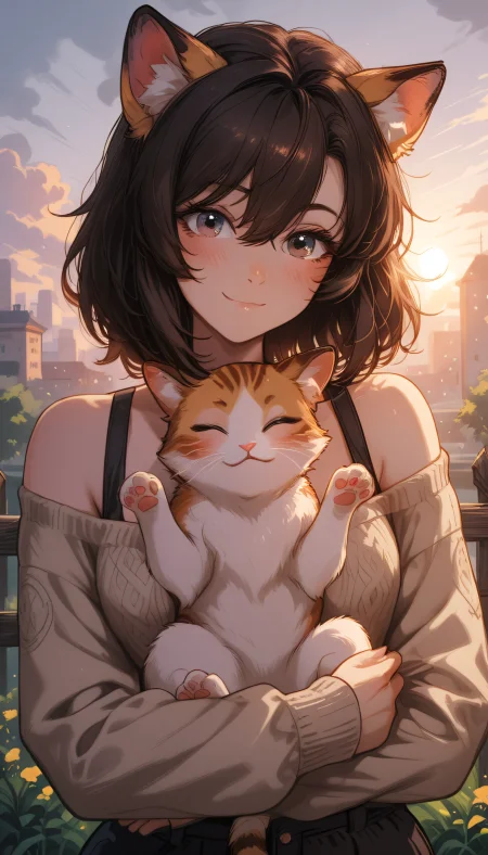 masterpiece,
perfect eyes, vivid colors, vibrant colors,
pinkretroanime, retro art, (lineless:1.5), smooth edges,
, In this serene scene, a young woman with dark hair and striking blue eyes is seated on a grassy hillside under a soft, overcast sky. She's holding two orange tabby cats in her arms, their fur a warm glow against the cool tones of the day. Her attire is casual, with a comfortable-looking sweater providing a cozy backdrop to the scene. The woman is looking directly at the camera, her expression one of gentle contentment. The cats are calm and relaxed in her embrace, their heads comfortably resting on her chest as they gaze out into the distance. In the background, there's a tranquil field with patches of wildflowers dotting the landscape. A quaint cottage nestles among the greenery, adding to the idyllic atmosphere. The lighting is soft and diffused, suggesting either early morning or late afternoon when the sun casts a gentle glow on the scene. There's no text visible in the image, and the overall mood conveyed by the image is one of peace and contentment, as if capturing a moment of quiet enjoyment in nature., 1girl, solo, looking at viewer, blush, smile, short hair, bangs, blue eyes, brown hair, black hair, long sleeves, holding, animal ears, hair between eyes, bare shoulders, brown eyes, closed mouth, jacket, closed eyes, upper body, outdoors, sky, day, cloud, cat ears, medium hair, off shoulder, blurry, sweater, sketch, animal ear fluff, head tilt, sleeves past wrists, hug, :3, depth of field, blurry background, animal, sunlight, cat, bob cut, light smile, plant, building, portrait, backlighting, sunset, fence, cityscape, holding animal, brown sweater, off-shoulder sweater, white cat, holding cat, animal hug, cat day