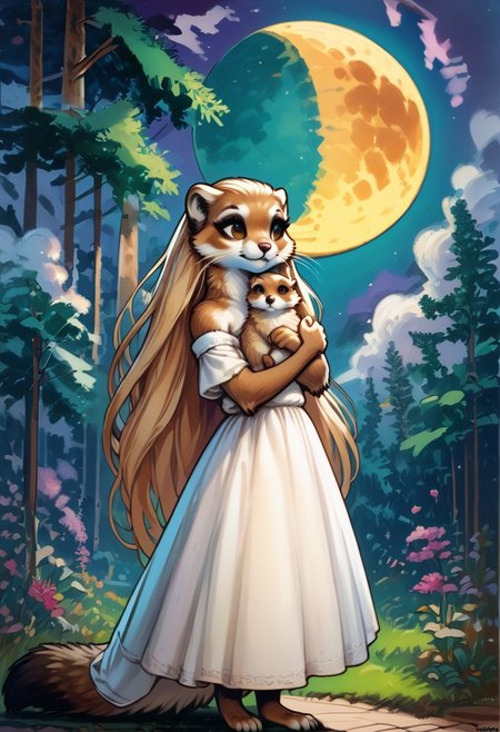 score_9, score_8_up, score_7_up, score_6_up, score_5_up, score_4_up, BREAK highly detailed illustration, traditional media, GWS01, small round ears, weasel, furry, anthro, dress, white dress, long hair, blonde hair, parted bangs, hair intakes, absurdly long hair, very long hair, floor length hair, standing, 1girl, baby, holding, plant, tree, moon, agk_akseligallen-kallela_-_kalevala