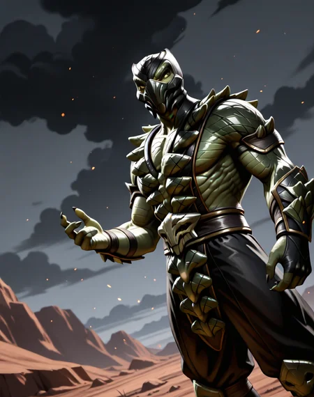 <lora:Reptile_X_(Mortal_Kombat)_(Illustrious)_(AD):1.35> Reptile_MK, muscular, Mortal Kombat, 
dutch angle, exterior, monumental architecture, wasteland, dark night sky with black clouds, 
male focus, gradient coloring, villain, intimidating, fierce, 
BREAK very awe, aesthetically pleasing, masterpiece, best quality, amazing quality, very aesthetic, perfect depth of field shot, in'ei, source_furry, furry_art, 
Smooth Quality, lazympos, IllustQualXL_Pos,