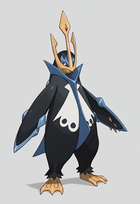 (score_9, score_8, score_7), masterwork, masterpiece, best quality, emperor01, large penguin, dark navy blue body with light blue accents, sharp yellow beak, golden trident-shaped crest on head, wide flipper-like arms with blue blade edges, white chest with six black circular markings in two rows, yellow webbed feet with claws, short pointed tail,PokeStyleMix