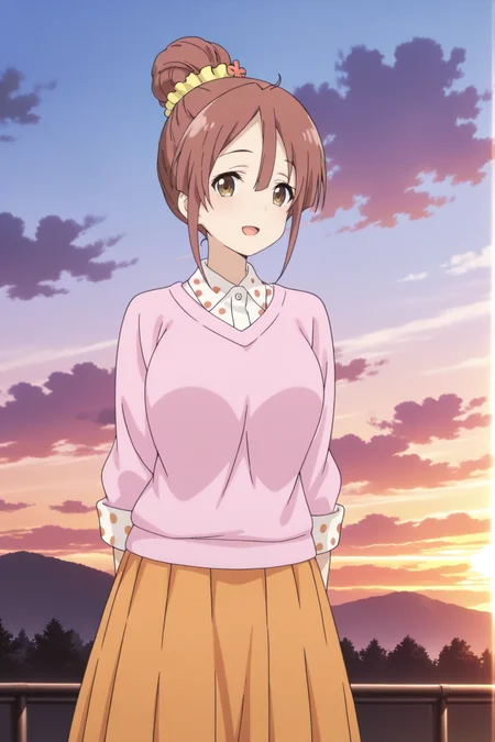 anime screenshot, 1girl, solo, shinomiya shiori, brown hair, single hair bun, yellow scrunchie, hair scrunchie, hair flower, brown eyes, large breasts, pink sweater, white shirt, collared shirt, polka dot shirt, long sleeves, orange skirt, pleated skirt, long skirt, looking at viewer, smile, open mouth, cowboy shot, outdoors, sunset, masterpiece, best quality, high quality, highres, absurdres,  <lora:shinomiya_shiori_ILXL:0.9>