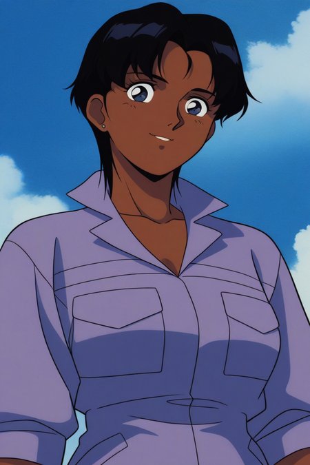 masterpiece, best quality, source_anime,official art,perfect_anatomy,1990s_\(style\),retro_artstyle,1girl,marbet_fingerhat,black hair,short hair,dark skin,jumpsuit,(beautiful detailed face,looking_at_viewer,smile),head_set,upper body,day,blue_sky,cloud