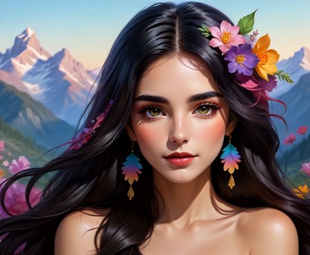 (cash:1.16), (francisco martín \(artist\) inspired artwork:1.19), (long flowing dark hair composition:1.14), nail art, long glowing colourful hair, moutains, flowers on heir cheeks
