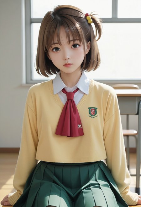 <lora:pony_xl_hitomi:0.8>,hitomi,score_9,score_8_up,score_7_up,source_anime,1girl,hair ornament,school_uniform,yellow sweater,long sleeves,sleeves past wrists,collared_shirt,red ascot,green skirt,black kneehighs,classroom,looking_at_viewer,sitting_on_chair,expressionless,hair ornament, short hair , one side up,