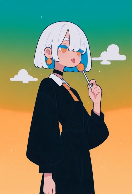 masterpiece, best quality, good quality, very aesthetic, absurdres, newest, 8K, from side  BREAK 
side portrait of stunning girl standing, bangs, white hair, multicolored hair, bobcut hair, 
pastel cyan eyes, choker, hair over one eye, 
small breasts, earrings, ear pierces, 
ultra detailed decorative victorian gossamer clothes, very short tight black maid dress, maid apron,  
cozy hotel room in pastel gradient background with extremely thick white border,
BREAK 
half closed eyes, unfocused eyes, 
subtle fangs peeking out from slightly parted lips, tongue loosely hanging out,
distant gaze, emotionless look, looking away, white thick eyelashes, white long eyelashes,
(holding a lollipop with right hand, licking a lollipop),
(storming), strong wind, cloudy, 
ultra-realistic, Flatline, Flat vector illustration, haiz_ai, no lineart, no outline,  rain,
heavy-rain, modern fence in background, clouds, very smoky, ukiyo-e,
<lora:Rain (Illustrious) v1:0.5> <lora:ponyv6_noobE11_2_adamW:0.25> <lora:haiz_ai_illu:0.8> <lora:flatline:1.65>   <lora:Ukiyo-e:1>