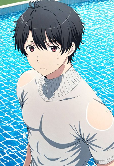 high resolution, solo, best quality, 1Boy, Inaho Kaizuka, Black Hair, swimming pool, swim, shirtless, sixpack, shorts, looking at viewer, OverallDetail