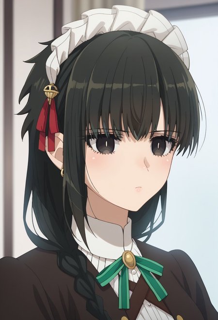 score_9, score_7_up, source_anime, 
yokoya, 1girl, solo, black eyes, black hair, braid, maid headress, jewelry, earrings, maid, shirt, white shirt, ribbon, neck ribbon, jacket, black jacket, portrait
indoor,