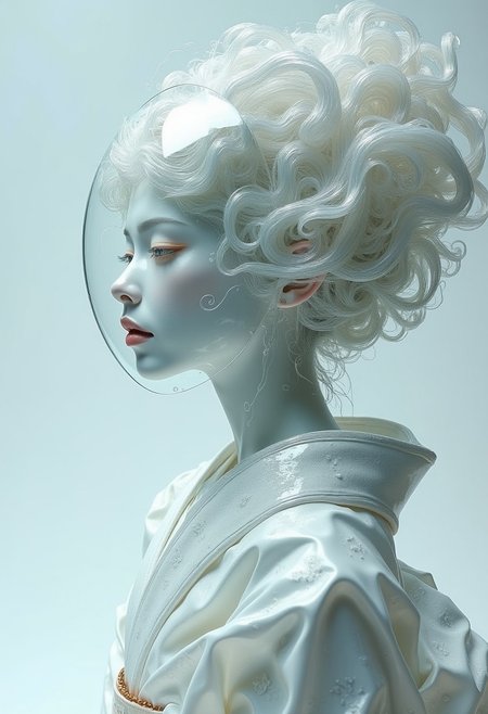 A geisha in Sorayama style with a thick layer of clear glass head and face, flowing fractal beneath the surface, elegant kimono pose made of glass, white angelic scene, futuristic,  <lora:models\Flux\Elden_Ring_-_Yoshitaka_Amano:0.75>,,
