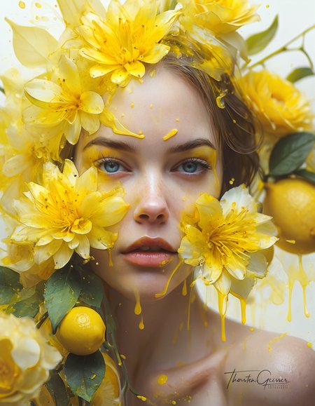 glamorous photo Art by florist Mandy Disher, digital illustration, portrait of a beautiful lady, perfect anatomy, centered, yellow lemon theme, multiple shades of yellow, burst of lemon zest and juice, close to perfection, dynamic, very detailed, watercolor, ArtStation, concept art, blur, sharp focus, illustration, Carne Griffiths, Wadim Kashin. . high fashion, luxurious, extravagant, stylish, sensual, opulent, elegance, stunning beauty, professional, high contrast, detailed  <lora:MJ52.safetensors:0.60>  <lora:Model\Anna_024.safetensors:0.70>
