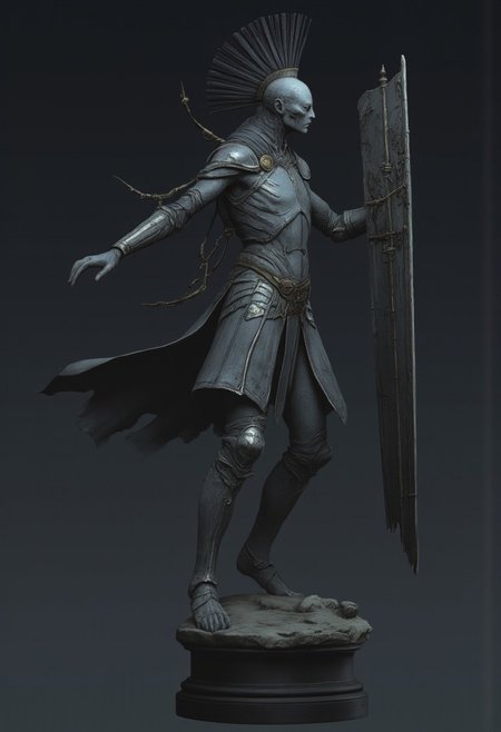 Standring in a hyper extended action pose
A feathered knight with a cape, holding a templar shield, and a gladiator sword
Set against a solid dark color background to emphasize its unsettling unnatural form that emphasizes its silhouette. The medium is not a traditional painting or illustrative medium like watercolor or ink but rather a digital 3D rendering.
MikeFranchinastyle, d4artstyle, d4concept, , bbstyle,, horror theme,, zbrush, ZBClay model of a gray sculpture, 1990's, 1990's style
