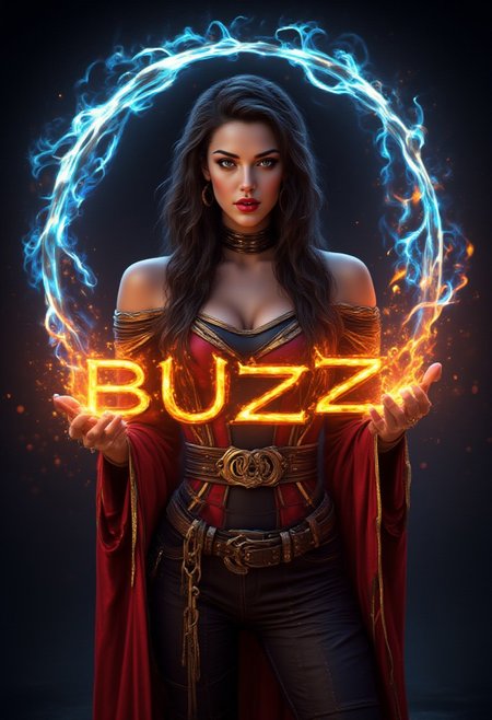 A stunning slim Elizabeth 2.0 with black long hair a wizard stands poised in a magical dark fantasy realm, casting a mesmerizing spell with elemental energies swirling around her. She wears an alluring off-shoulder red and black costume adorned with elaborate rings, showcasing intricate details and textures. The word “Buzz Is What Makes Magic” made of roaring flames, with sparks flying and embers glowing, text focus.  Her beautiful, fair skin glows under soft, ethereal lighting, emphasizing her enchanting blue eyes and captivating smile. Elements of fire, water, wind, and ice dance in a perfect dynamic composition, creating a breathtaking, ultra high-resolution masterpiece.