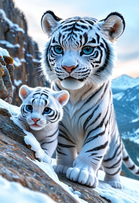 upscale, a white and black tiger cub, baby tiger, majestic, cute, adorable, playing by himself, looking at the viewer,  hyperrealistic, fantasy, angry, in a snowy mountain, standing on a cliff, highly detailed body, super realistic, hi_res, absurd detailed, very detailed face,