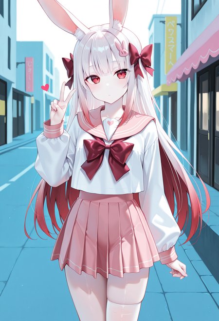 1girl, rabbit ears, ((white hair), red hair, gradient hair), long hair, blunt bangs, red eyes, detailed eyes, (pale skin),
solo, frills, bow, single thighhigh, white shirt, heart, v, long sleeves, sailor collar, hair bow, pink skirt, rabbit hair ornament, pleated skirt,
street,
masterpiece,best quality,amazing quality,
<lora:kitajima_yuukiIL-_style:1>, pastel colors,