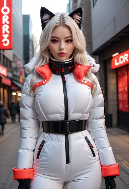 ((((padded down coat)))), ((((padded puffer coat)))), ((((padded winter clothes)))), ((((very cold)))), ((((puffer hood up)))), ((((full body)))), beautiful, masterpiece, 1girl, mature female, (((white long hair))), (((red eyes))), cat ears, large breasts, gloves, chest harness, (((half face mask))), army, Red digital camouflage, steam, cyberpunk, city, neon lights, pressure squeezing cuffs, pressure squeezing collar, (Thick padded cuffs:1.4), (Thick padded collar:1.4), <lora:Collar-SDXL:0.75>, <lora:Cuffs-SDXL:0.75>, <lora:fashion_lora:0.6>