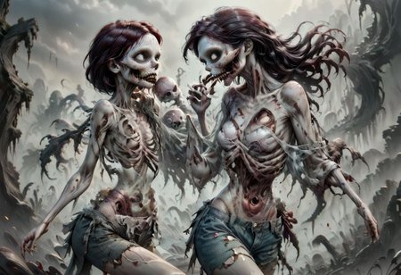 score_9, score_8_up, score_7_up, 8k, clean, clear details, no background, 1 girl, zkeleton, darktattoo, busty, cute, Ariel, ral-zmbyz, casual outfit, being bit by zombie, emerging from body, eat