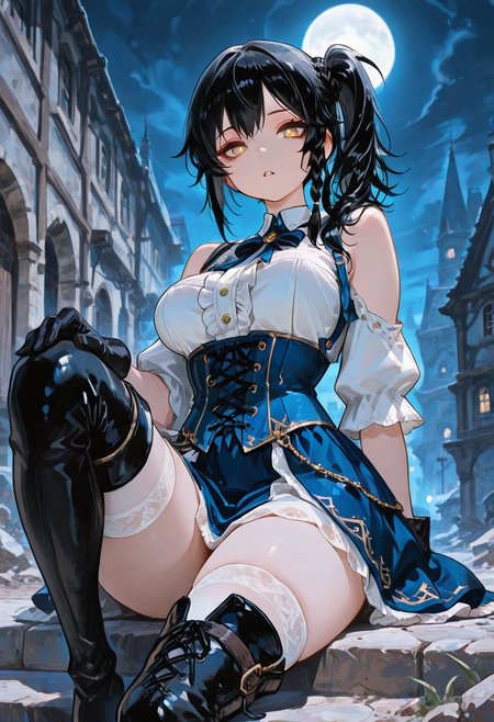 masterpiece, best quality, amazing quality, very aesthetic, absurdres, newest, usnr, in the style of cksc, 
1girl, solo
black hair, yellow eyes, blue corset, white shirt, blue dress, boots, thigh boots, thighhighs, white thighhighs,  corset, dress, aradia (night of revenge), night of revenge, breasts, side braid, side ponytail, bare shoulders, braid, center frills, gloves, layered clothes, parted lips, black pupils,
