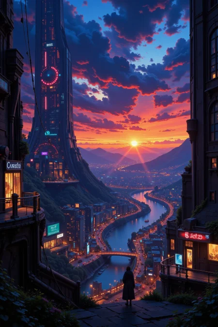 a futuristic sci-fi fantastic cyberpunk city beautiful  landscape, dusk, woman, very intricate, very detailed, sharp, bright, colorful, <lora:Hand v2:0.5> <lora:Anti-Blur:1><lora:Insane Detail Slider:0.25>  <lora:flux.1_lora_flyway_Epic-detail_v2:0.3> <lora:fluxenhancer:0.25> <lora:Anime_style:0.6> anime style