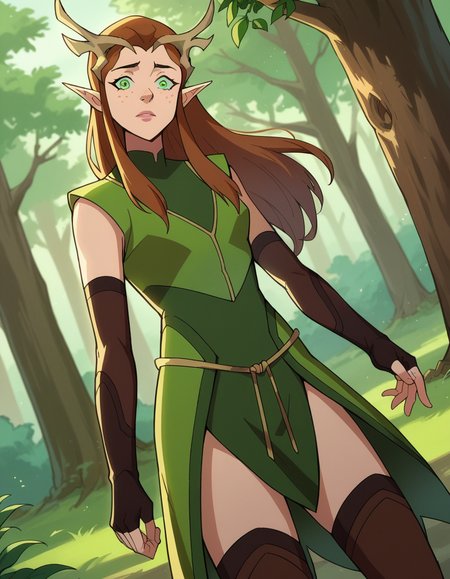 score_9, score_8_up, score_7_up, source_anime,
keyleth, <lora:keyleth-ponyxl-lora-nochekaiser:1>,
keyleth, long hair, brown hair, green eyes, pointy ears, elf, antlers, freckles,
thighhighs, gloves, boots, fingerless gloves, thigh boots, brown footwear, green dress,
outdoors, nature,
looking at viewer, dutch angle, cowboy shot,