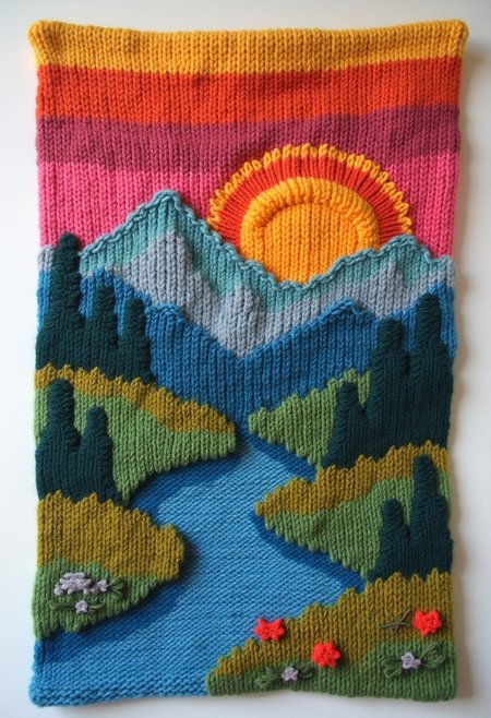 knitted world, Idea: "Pelote de laine" Description: Create abstract knitted artworks inspired by landscapes or natural scenery, (hanging to the wall:1.5). Use "ton sur ton" colors, different knitting techniques, and textured yarns to evoke the emotions and essence of the natural world.