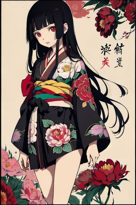enma ai, hair down, hair black, bangs, eyes red, masterpiece, best quality, ultra-detailed, illustration, 1girl, solo, highres, photorealistic, ultra high res, (Original illustration composition), (fusion of limited color, Maximalism artstyle, kimono obi fashion, double exposure, background, illustration, Amazing, lily spider, night darkness, open one's mouth, flowers red, (polychromatic peony:1.15), Movie poster, ink Chinese
