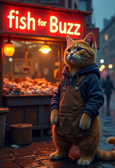 a realistic picture, , ((cute muscular orange cat wearing hoodie with apron  standing in front of his fish stall in fish market, on top of his street stall ,The neon signs glow warmly reads "fish for Buzz ", creating a nostalgic atmosphere (dynamic lighting:1,0),  background, rainy night ,(intricate details,naturalism,hyperdetailed,hyperrealistic:1.55)
 mvpstrCE style 
((((Display the text help me with buzz!" on a movie poster)))). no human