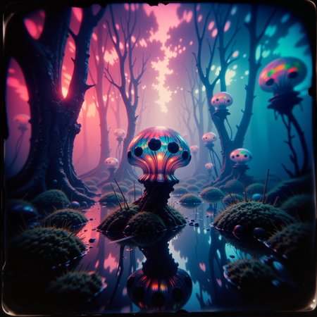 extremely detailed, golden ratio, very aesthetic, dramatic, strange and otherworldly scenery, award-winning pinhole photography, dim lighting, twilight,  bioluminescence, subsurface scattering, the pint-sized "rainbow-colored rubyflobber" is a gelatinous, semi-translucent blobiform, often found perched on the spindly stalks of the glistening moist "fogweaver moss" in the mist-cloaked wetlands of the remote world "koldmoor quartus". each of the creature's crests is adorned with intricate frondal patterns that pulsate in mesmerizing chromoglowic displays. these tiny creatures feed on the microplumes of energy-rich vapors that rise from the wondrous moss itself, their gelatinous forms stretching and horgubeling with a surprising quadderbonused elasticity. the habitat, an endless sea of mist, shimmering mossy stalks, and ethereal, reflective dewbyglobules, creates an eerily serene, blunderworbling spectacle, detailed background, <lora:image_upgrade-flux-by_zeronwo7829:0.84> <lora:style-eldritch_pinhole_photography-flux-by_eldritchadam:0.8>