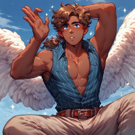 score_9, score_8_up, score_8, score_9, gay, 1boy, fullbody, dynamic pose, a male adult Skypiean (with small white angel wings on his back). He is muscular with a prominent chest, dark brown skin, dark blue eyes, wavy copper-brown hair tied in a single ponytail that falls over his shoulder. He wears an open light blue sleeveless shirt that reveals his torso, light beige shorts featuring hems and pockets. His thick double belt has a copper-colored buckle, sky background, sparkle