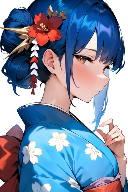 masterpiece, best quality, very aesthetic, absurdres, 1girl, hair ornament, blue hair, japanese clothes, flower, kimono, hair flower, brown eyes, white background, hair bun, looking at viewer, upper body, single hair bun, floral print, simple background, blue kimono, profile, sash,  obi, red flower, bow
,   <lora:Yuyu_AnimagineXL_dim32:1>