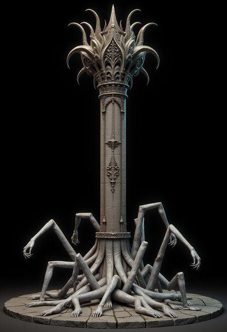 Century Botanical Illustration Style, A Medieval Tower with elderscrolls inspired aestetics and legend of zelda Set against a solid dark black color background to emphasize its unsettling unnatural form that emphasizes its silhouette.
Standing on a flat ground the camera angle is high rotated
Set against a solid dark black color background to emphasize its unnatural form that emphasizes its silhouette. The medium is not a traditional painting or illustrative medium like watercolor or ink but rather a digital 3D rendering.
MikeFranchinastyle, bbstyle,, horror theme,, ZBClay model of a gray sculpture, zbrush, d4arks0uls, overcast lighting, jedioutfit