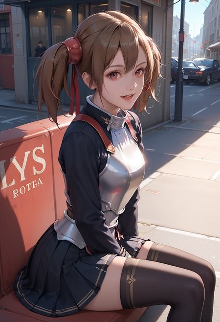 score_9, score_8_up, score_7_up, 1girl, silica, solo, skirt, brown hair, open mouth, red eyes, thighhighs, breastplate, twintails, white background, black skirt, pleated skirt, armor, smile, ribbon, skirt, thighhighs, breastplate, black skirt, pleated skirt, armor,, black thighhighs, rminiskirt, bus stop, public place nighttime vibrant lighting, street lights, high contrast, dramatic shadows, highly detailed, detailed skin, depth of field, tilted angle, moody lighting, exy pose,professional lighting, perfect quality, high quality, photorealistic, sitting, (((supermodel))),((goddess))