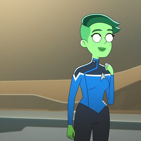 Tendi, 1girl, green skin, short hair, in a starship, smiling