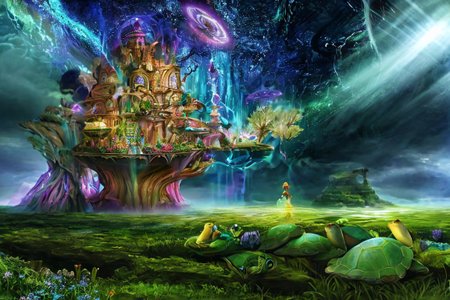 Amazing fantasy artwork, a psychedelic plane of existence, waterfall landscapes, mist, refractions, reflective water surface, oil slick, sun rays, bizarre plants, a turtle and a frog, trippy, visually arresting and stunning, hyper realistic, shrooms, imaginative, magical and mysterious feeling, captivating, strange and beautiful, magical, dream-like world, spirit quest for Alice in Wonderland character, Gaia's psychedelic fever dream, astonishing thunder clouds in the sky, beautiful 20yo Alice with blonde hair, she's in a night gown, she looks out onto the vista, amazing view, rain swept meadow, lightning, cricket, highest quality, epic lighting, extreme detail, masterpiece, winner, fantastical, fandist