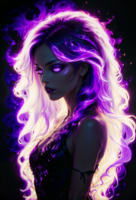 a pitch black setting with a silhoutte of a beautiful long haired woman lit up by a purple hue, magical, silhouette, purple theme, abstract, purple neon, beautiful, perfect anatomy, reflection, retraction, ephemeral, purple flame hair  <lora:sdxl\add-detail-xl> <lora:sdxl\xl_more_art-full_v1> <lora:sdxl\zavy-hrglw-sdxl:0.35>, zavy-hrglw, neon purple hair