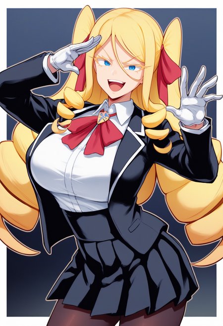 score_9, score_8_up, score_7_up, source_anime BREAK 1girl, solo, <lora:nanakovonmeinsfelt-jkt-richy-v1_pdxl:1> nanako, blue eyes, blonde hair, drill hair, long hair, large breasts, red bowtie, hair ribbon, red ribbon, school uniform, black jacket, white shirt, collared shirt, pleated skirt, black skirt, white gloves, pantyhose, ojou-sama pose, hand up, laughing, open mouth, smug, looking at viewer