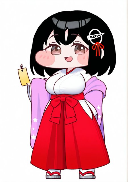 <lora:Trickcal_REVIVE:1.2>,1girl, haguro (kancolle), orihime (tanabata), huge breasts, chibi, black hair, bob cut, brown eyes, cosplay, hair ornament, hakama, japanese clothes, miko, one-hour drawing challenge, orihime (tanabata) (cosplay), red hakama, shawl, short hair, smile, solo, star (symbol), star hair ornament, tanabata, very awa, masterpiece, best quality,highres, absurdes,amazing quality