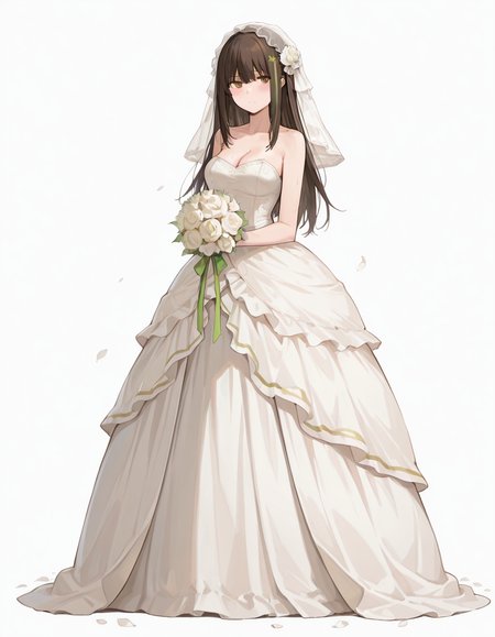 Volumetric Lighting, (masterpiece), (best quality), (ultra-detailed), masterpiece, source_anime, score_9, score_8_up, score_7_up BREAK, illustration, disheveled hair, detailed eyes, perfect composition, moist skin, intricate details BREAK, M4A1, source_anime, score_9, score_8_up, score_7_up, black hair, golden eyes, 1girl, solo, long hair, looking at viewer, blush, simple background, hair ornament, white background, dress, cleavage, bare shoulders, medium breasts, standing, full body, flower, hair flower, white dress, petals, strapless, veil, strapless dress, bouquet, wedding dress, long dress, bridal veil, holding bouquet