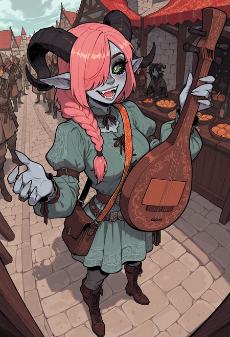 score_9, score_8_up, score_7_up, masterpiece, best quality, very aesthetic, 1woman, incoth, (incase:0.6), detailed face, (dynamic:1), green eyes, white pupils, black sclera, single braided hair, pink hair, hair over one eye, grey blue skin, tiefling, curled horns, subtle makeup, (medieval market background:1.2), (medieval fair:1.2), bright smile, fangs, joy, happy, singing, bard, playing lute, lute in hand, velvet tunic, embroidered cloak, leather boots, lute, colorful sash, puffy sleeves, ornate belt, medieval attire, fantasy bard, rings, patterned fabrics,  travel gear, shoulder bag, enchanted accessories, <lora:Rapscallion_Illustrious:0.35> Rapscallionstyle,  <lora:incoth:0.25> incoth, (incase:0.6),  <lora:r17329_illu:0.35> r17329_illu, <lora:ck-shadow-circuit-IL:0.4> in the style of cksc,  <lora:perspective:0.65> perspective, dailight, summer time, playing for crowd, freckles