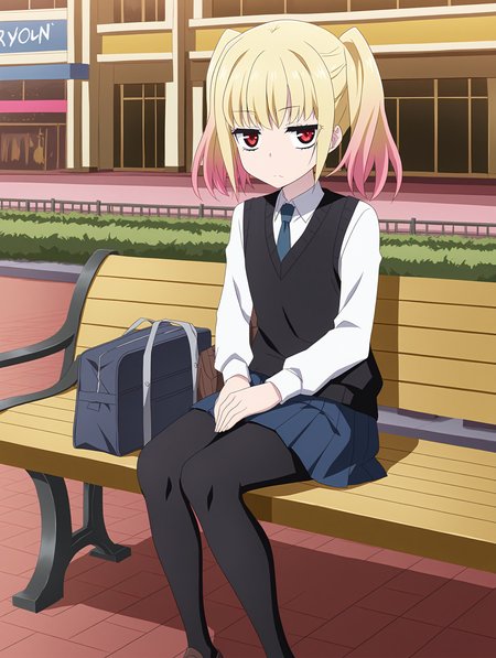 <lora:And_the_Hero_was_never_seen_again_Style_Illustrious:1> heroneverseenagain,
 <lora:YuriaNigured_LW:0.6> masterpiece, best quality, amazing quality, detailed, anime coloring, YuriaNigured_LW, anime screenshot, blonde hair, multicolored hair, gradient hair, twintails, red eyes, pink hair, bangs, 1girl, solo, necktie, school uniform, pleated skirt, white shirt, black sweater vest, blue skirt, pantyhose, flat chest, brown loafers, bag, school bag, mall, outdoor shopping, sitting, bench, hands in lap, bored, looking at viewer, sidewalk,