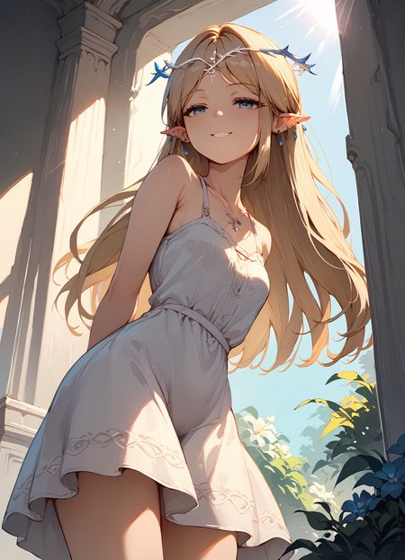 (score_9, score_8_up, score_7_up), 1girl, cartethyia, circlet, earrings, sundress, sunlight, from below, leaning forward, arms behind back, smile, half-closed eyes, <lora:cartethyia-wwPO-va:0.9>